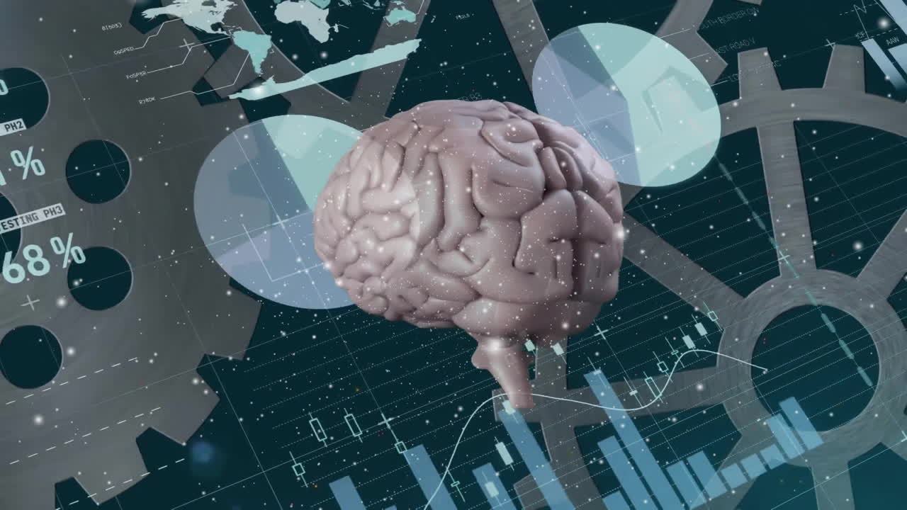 animación de la interfaz infográfica sobre el cerebro humano giratorio contra un fondo negro