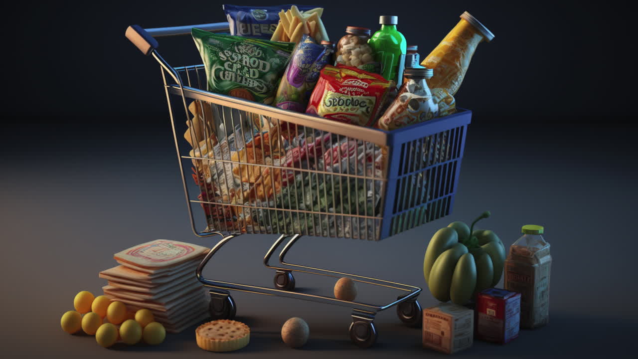 costo de vida texto 3d ilustración realista, carrito de compras lleno de artículos y alimentos, concepto de consumo