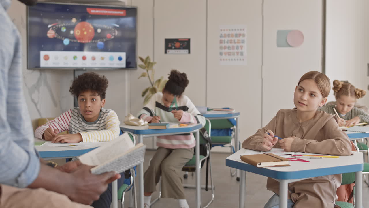 5 Grade Students Raising their Hands at Science Class