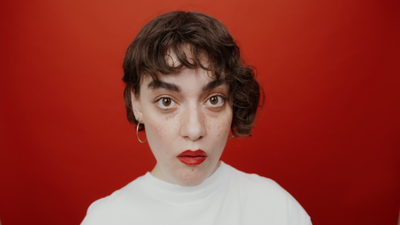 retrato de mujer con labios rojos y cabello rizado