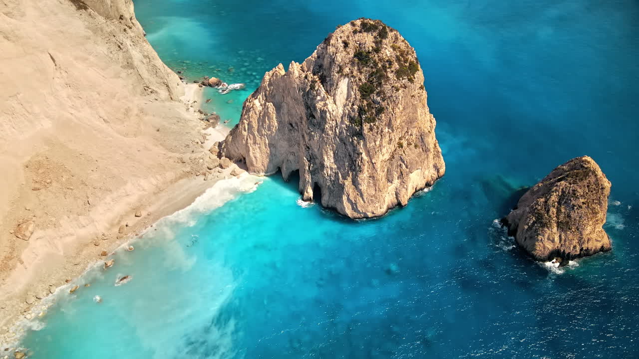 Aerial drone view of the Ionian Sea coast of Zakynthos, Greece. Rocky ridge, blue water