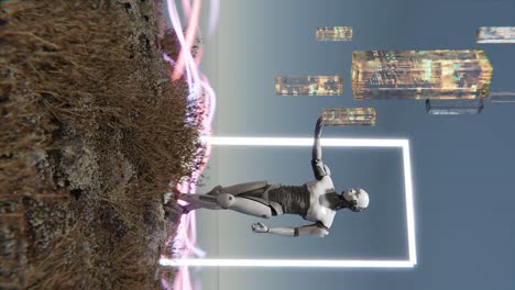 Vertikaler-Humanoider-Prototyp-Eines-Cyborg-Roboters-Mit-Künstlicher-Intelligenz,-Der-In-Der-Natur-In-Einem-Türportal-Mit-Energiefluss-In-3D-Rendering-Animation-Steht