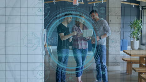 Three male colleagues analyzing tablet data in tech office, displaying animated circular icons