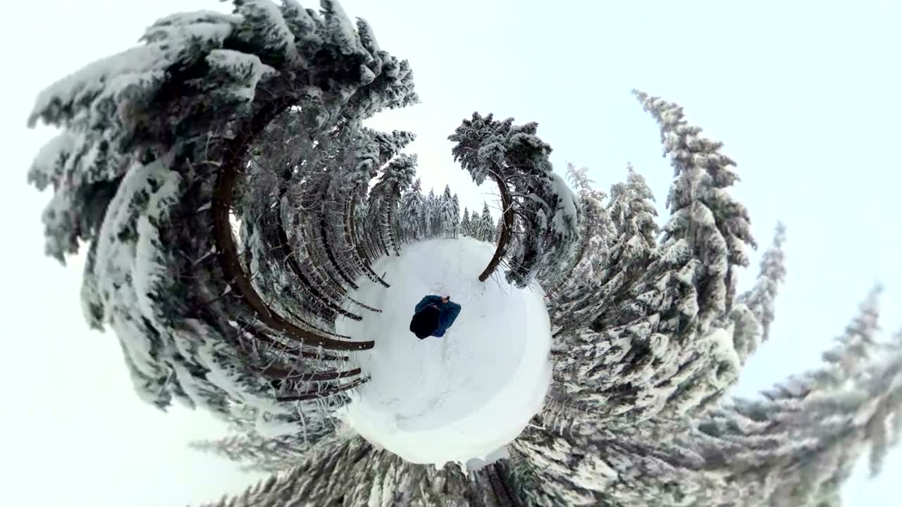 Man walking through beautiful winter forest, VR360, 360VR, 360 Video, 360 degree, VR, Little planet effect