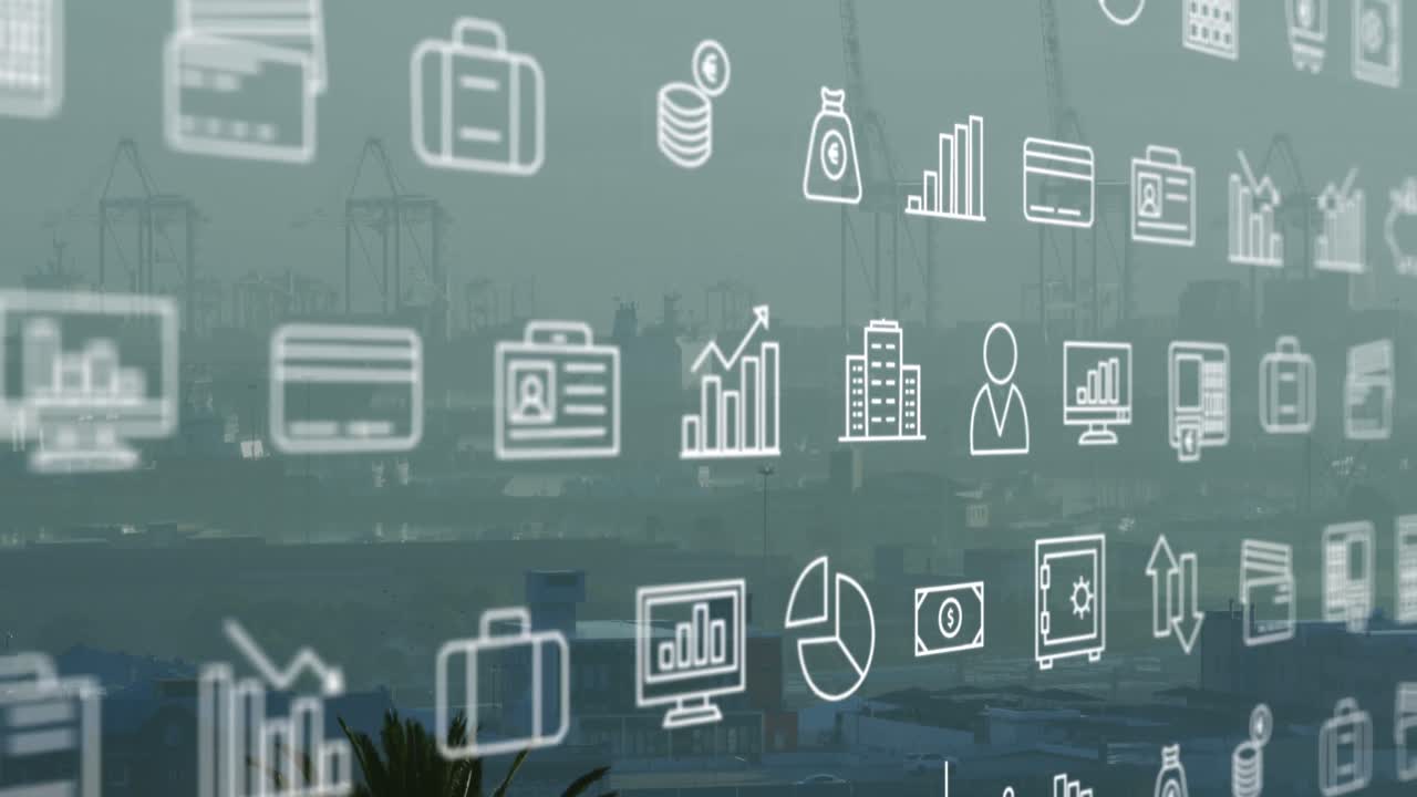 animación de iconos y procesamiento de datos sobre el paisaje urbano