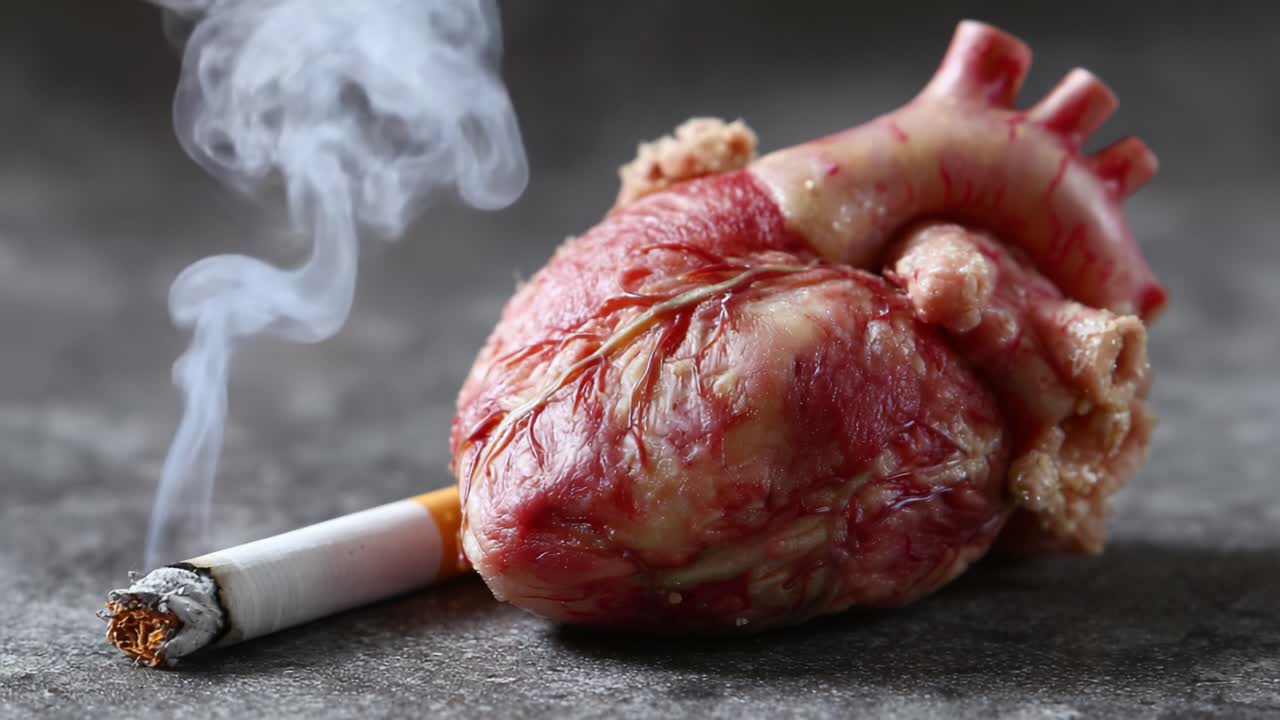 A startling juxtaposition of a human heart and a cigarette, illustrating the harmful effects of smoking on heart health in a visually striking manner