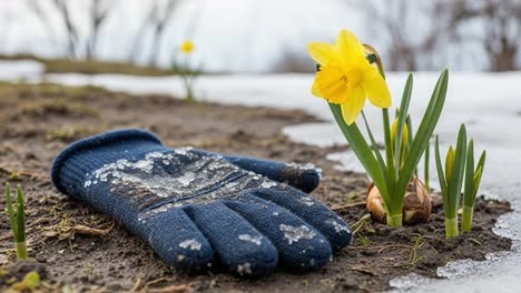 spring emerges: a gloved hand braving the last snowfall to nurture daffodils and other flowering plants in a melting winter landscape