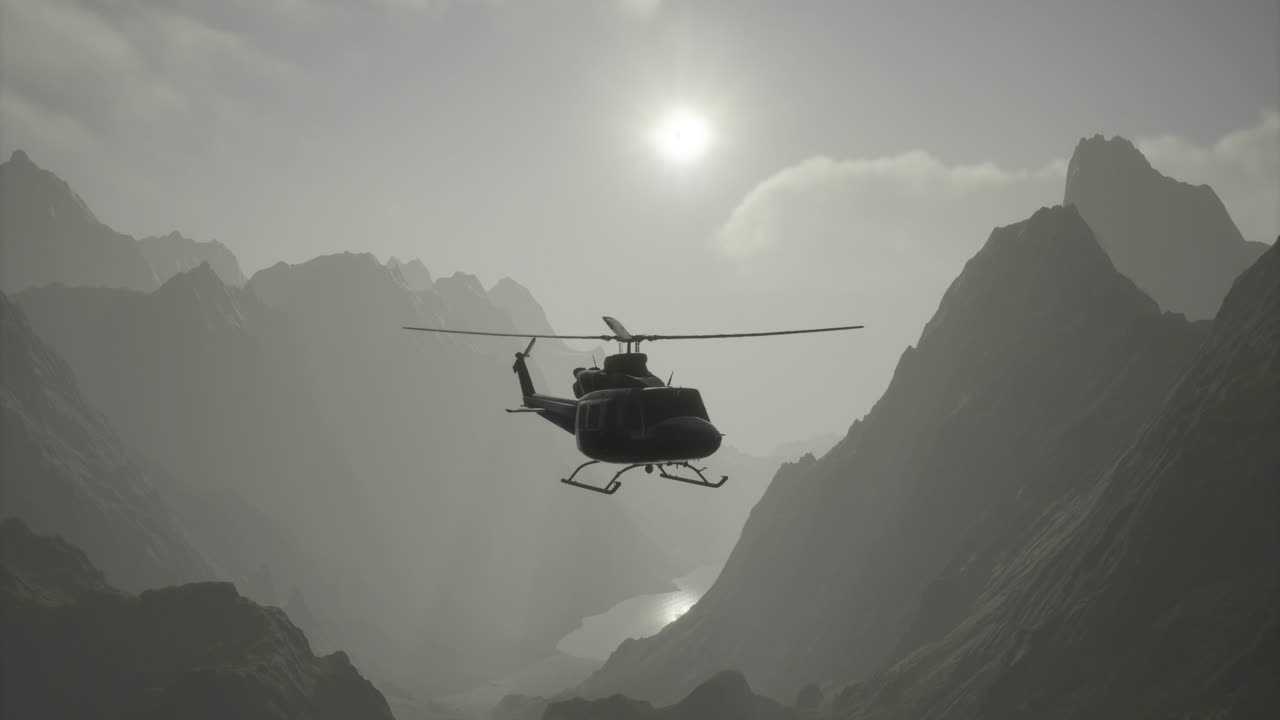 Helicopter flying over misty mountains at dawn with sun rising in background