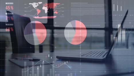 animation of statistical data processing against close up of laptop, diary and pen on office desk