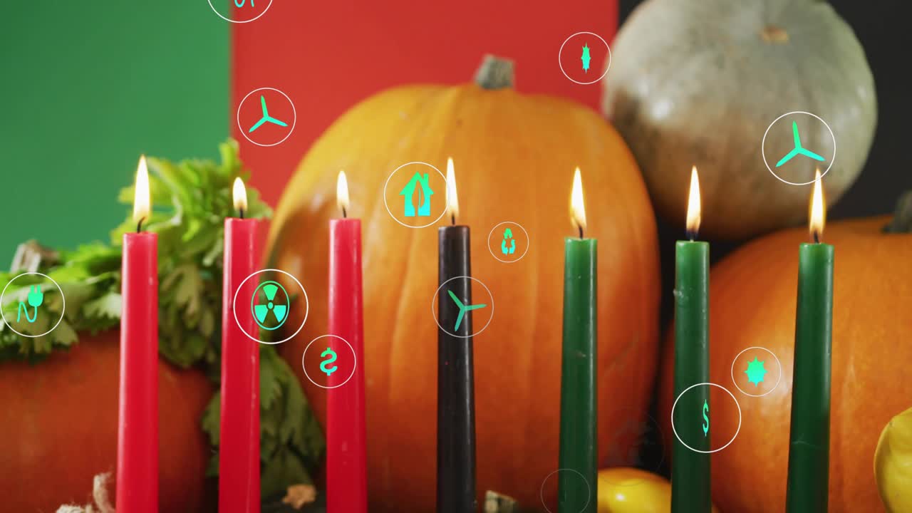 Flickering candle flames over pumpkins initiating icons floating and circling kinara for eco unity