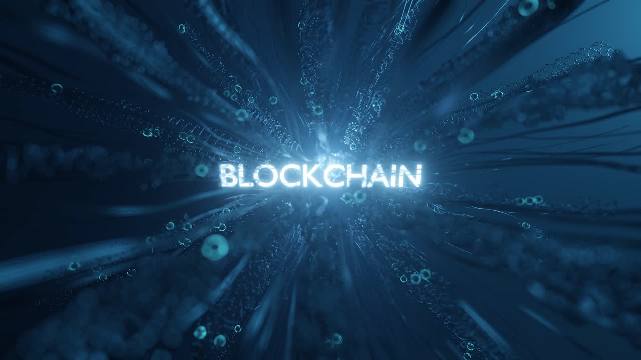 4K animation. The word blockchain illuminated and glowing on a futuristic animated background.