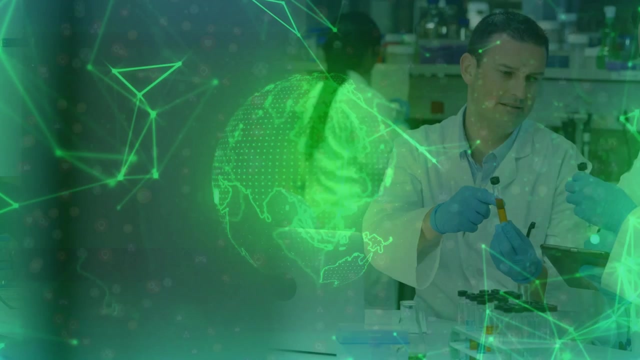Digital globe pulsing projection initiating lab team pipetting liquid and loading samples jointly