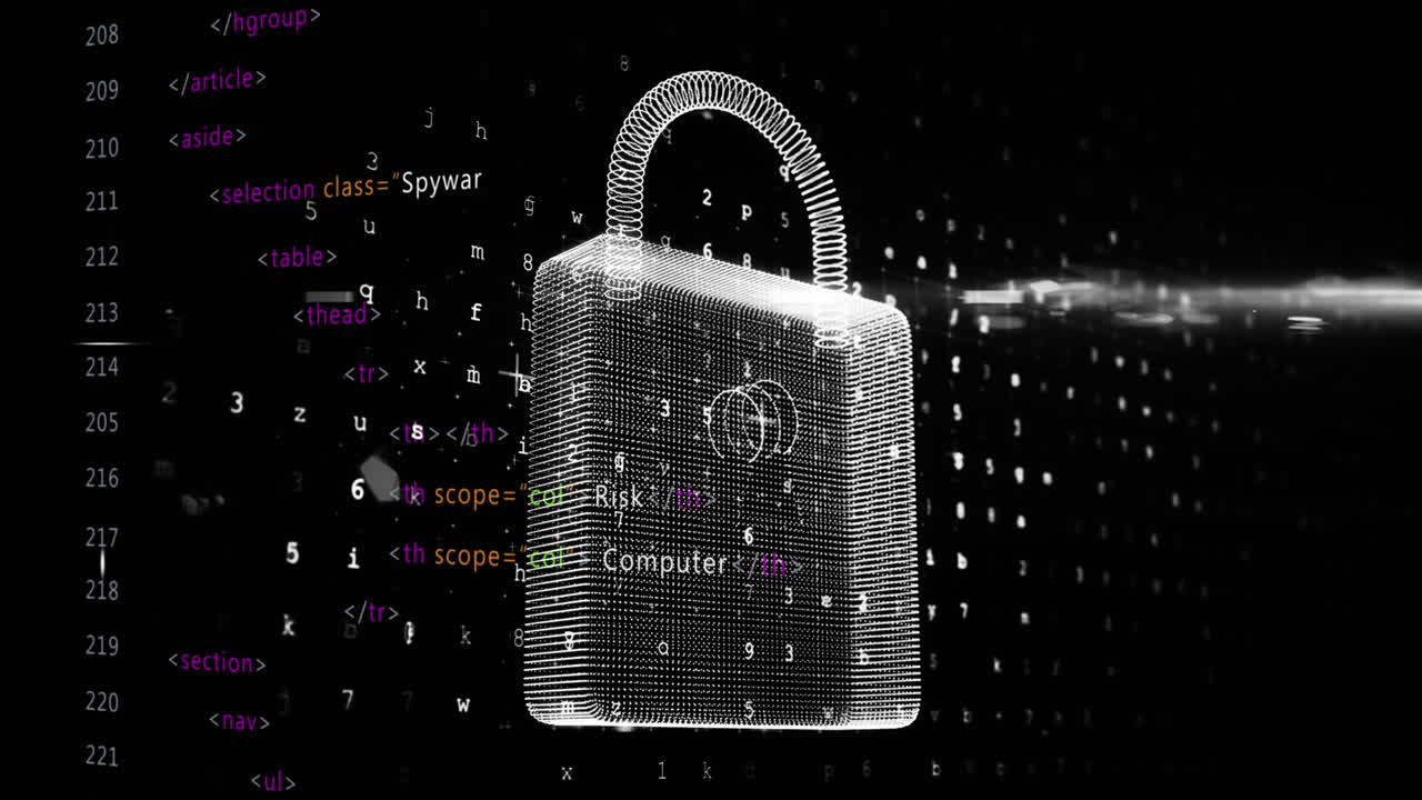 animación del candado de seguridad en línea, codificación binaria y procesamiento de datos