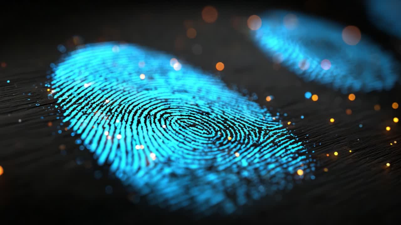 Intricate Blue Fingerprint Patterns Highlighting Unique Identifiers Surrounded by a Soft Glow on a Dark Surface