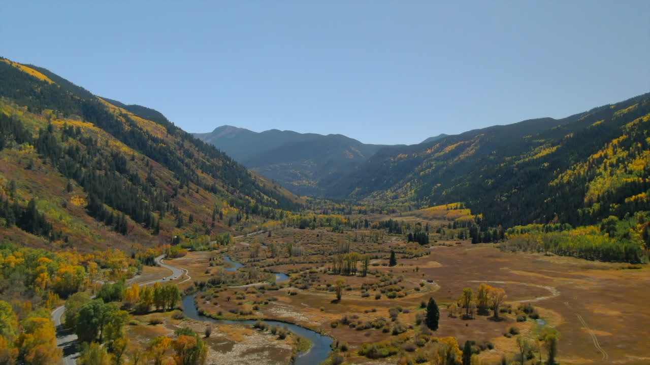 Roaring Fork River Valley North Star Nature Preserve Independence Pass Devils punchbowl Colorado summer fall autumn aerial drone cinematic Aspen Snowmass Ashcroft beautiful bluesky sunny forward