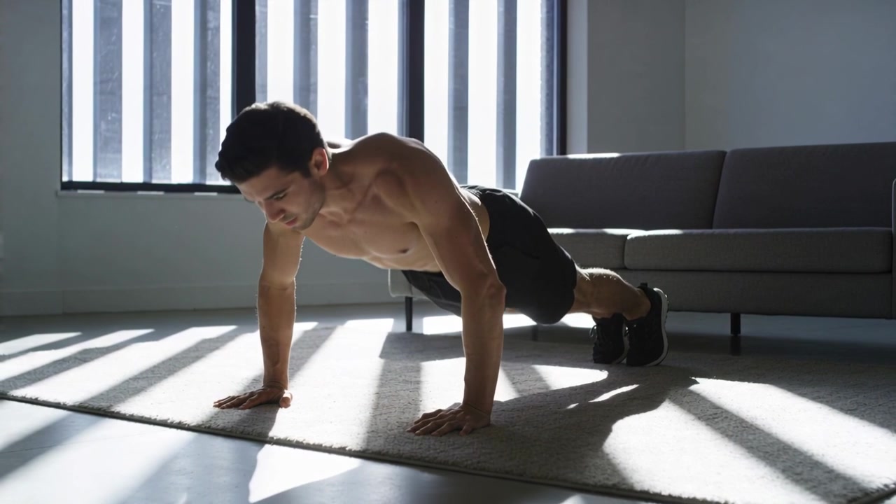 Inizia l'allenamento, un uomo atletico a torso nudo esegue flessioni su un tappeto vicino a una finestra con tende verticali.