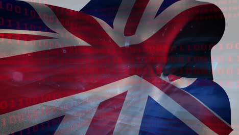 binary code animation over waving united kingdom flag