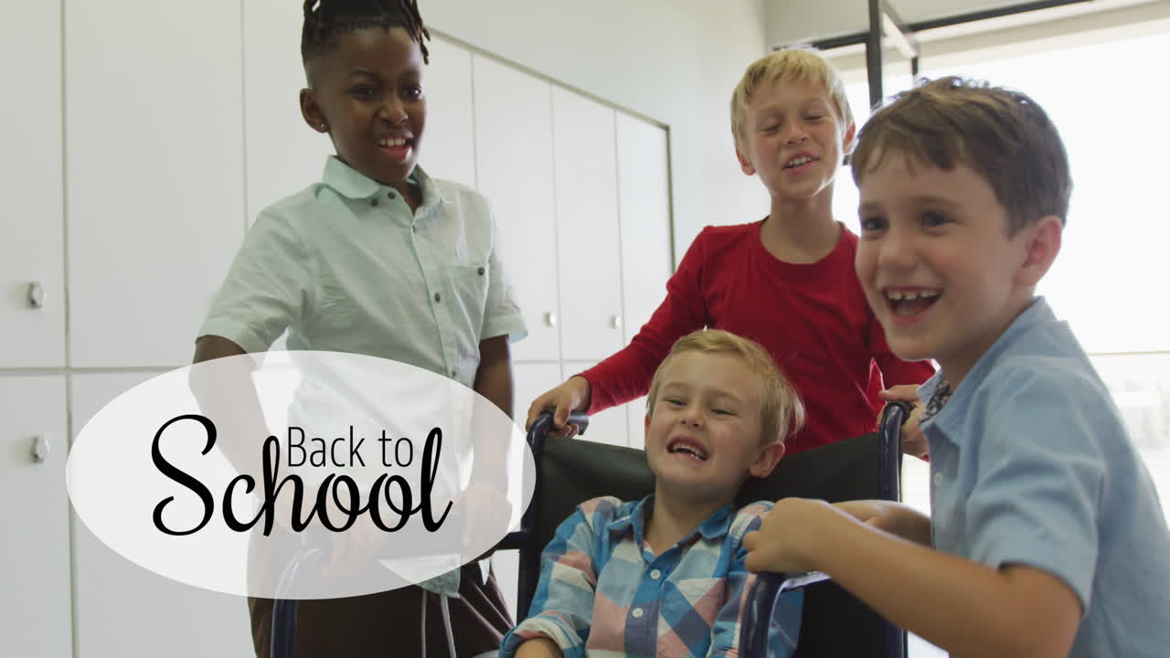 Animation of back to school text over happy diverse school kids and schoolboy in wheelchair