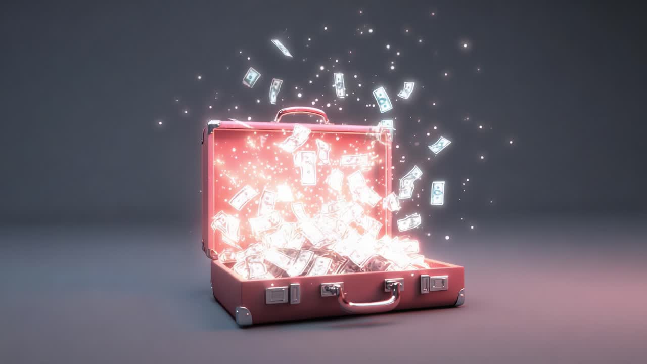 A stunning visual of a glowing suitcase overflowing with money, showcasing the allure of wealth and prosperity as bills burst forth in a dazzling brilliance, captivating viewers with its charm