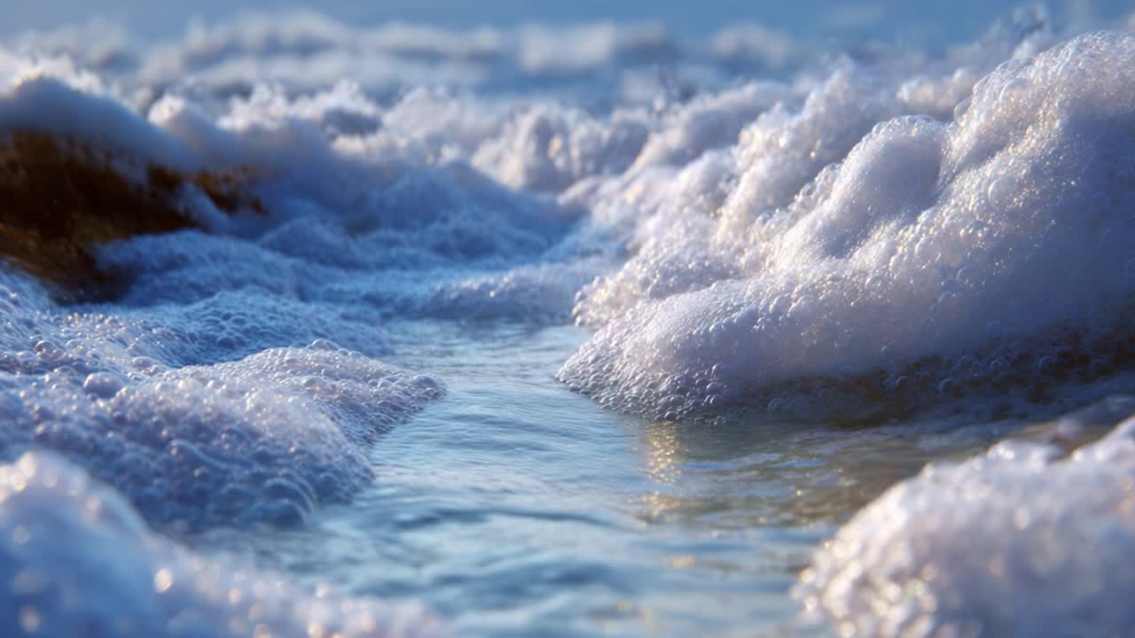 Serene Waves Gently Crash and Create Bubbles Along the Shoreline as the Sun Shines on the Water, Capturing the Beauty of Nature's Rhythm and Tranquility