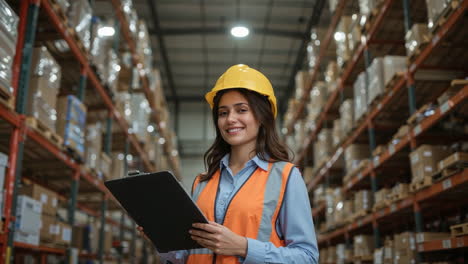 smiling woman warehouse worker with clipboard