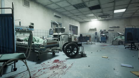 inside an abandoned hospital room with damaged equipment and scattered debris