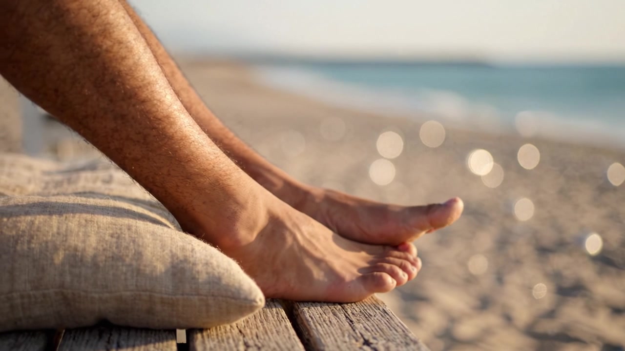 Relax in riva al mare: una vista ravvicinata di piedi su una sdraio da spiaggia, con onde delicate e uno splendido sfondo costiero che cattura tranquillità e calma.
