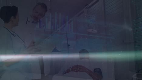 Animation-of-data-processing-and-light-trails-over-diverse-doctors-and-patient