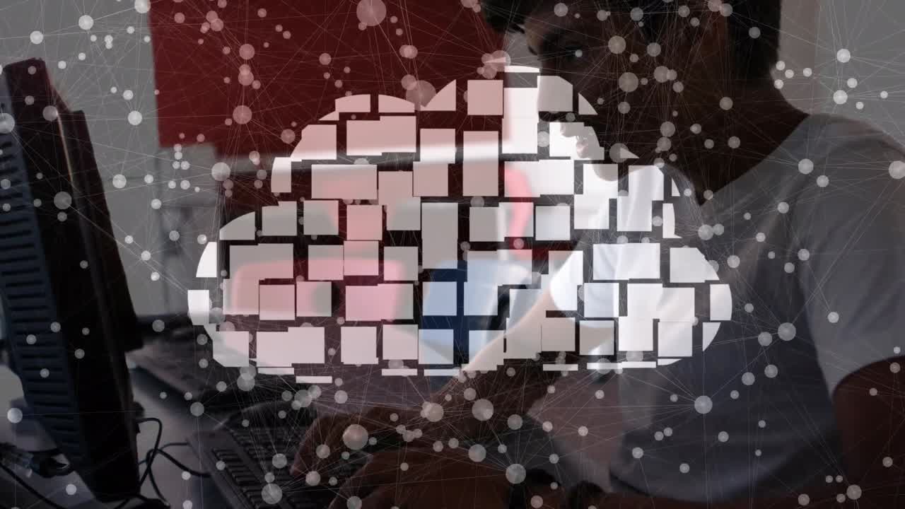 Animation of network of connections and cloud icon over boy using computer