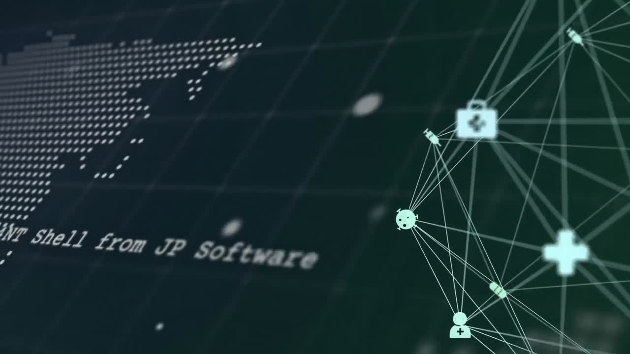 Animation of data processing with world map and network of connections over black background