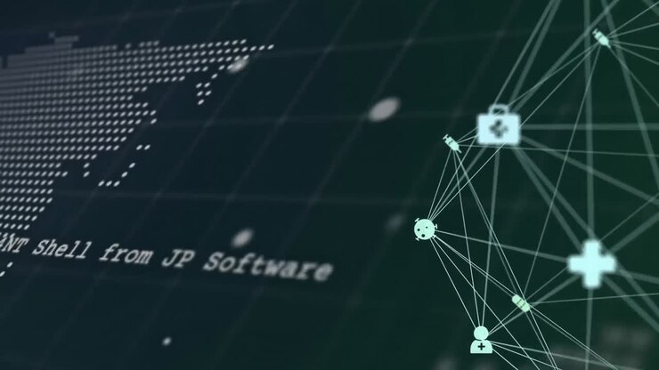 Анимация обработки данных с картой мира и сетью связей на черном фоне