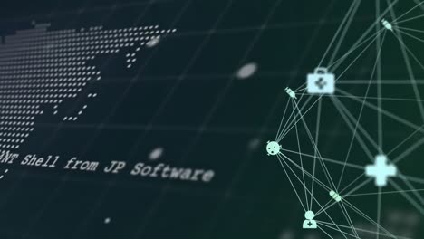 animación del procesamiento de datos con el mapa del mundo y la red de conexiones sobre fondo negro