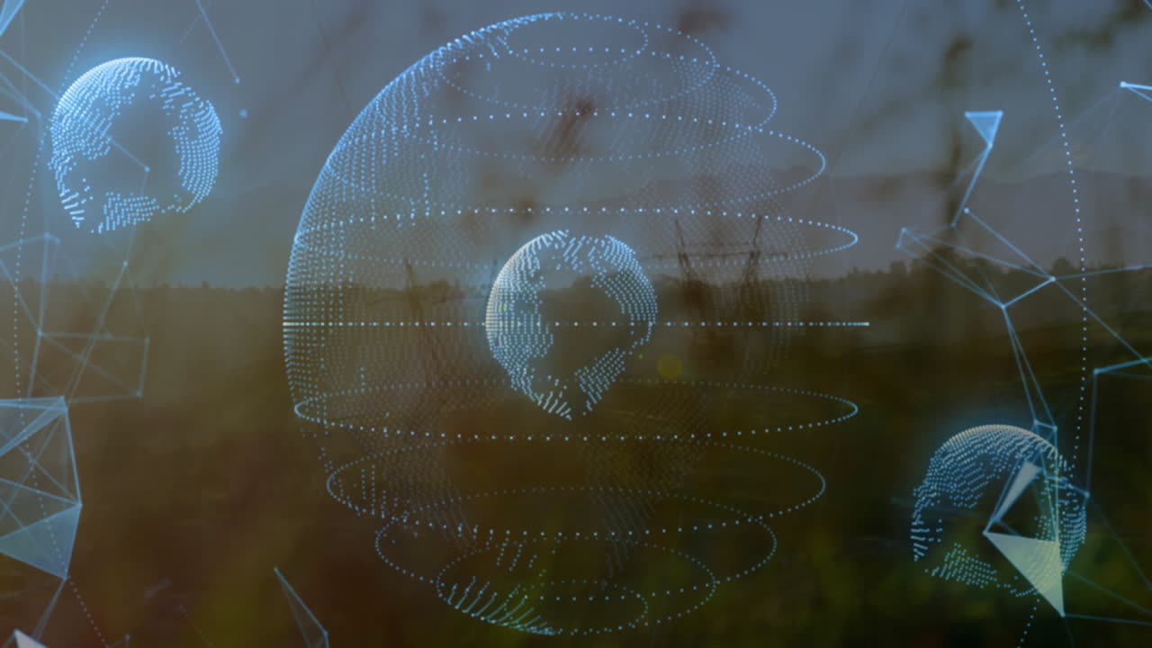 Holographic dotted wireframe globe floating above sunset field, showing network nodes and towers