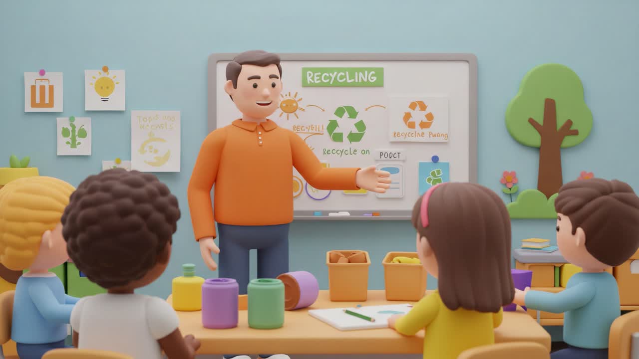 Engaging Classroom Session on Recycling with Animated Characters Teaching Environmental Awareness in a Creative, Colorful Setting