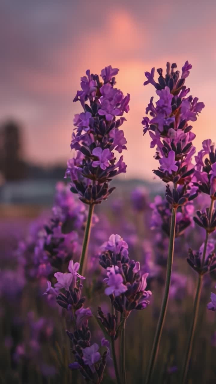 Un sereno campo di lavanda al tramonto, immerso in delicate tonalità viola e luce dorata, che mostra la bellezza della natura e la tranquillità dei fiori in boccio