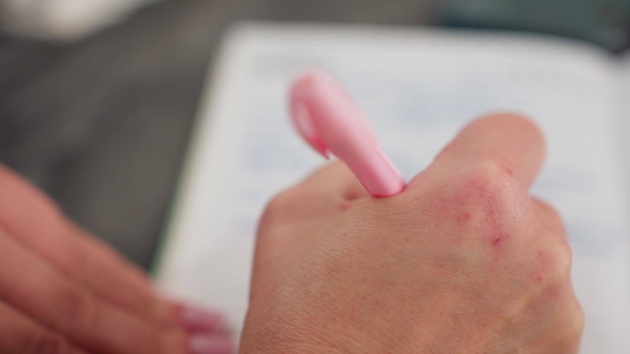 Close up hand view of white person taking notes with pink pen on paper with soft blur surrounding, showing delicate motion and focused attention in calm bright environment perfect for studying
