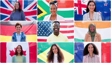 Collage,-Vielfalt-Und-Gesicht-Von-Menschen-Mit-Flagge