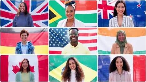 Collage,-Diversidad-Y-Rostro-De-Personas-Con-Bandera