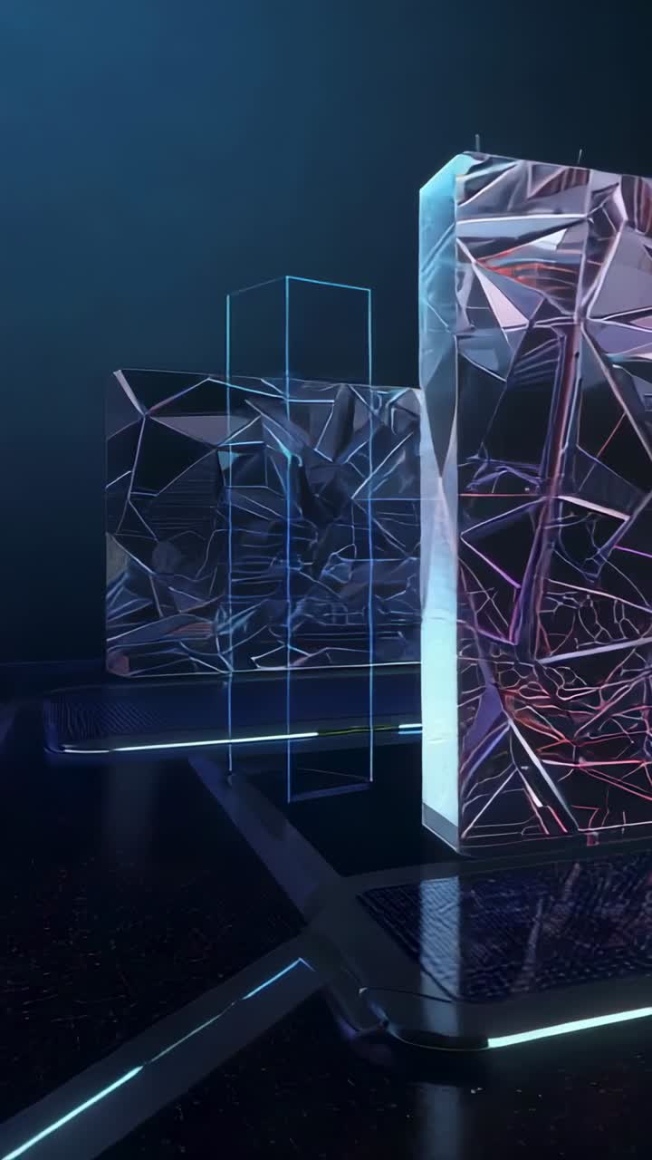 Vertical video: Panning camera revealing faceted slab in dark studio to showcase internal facets