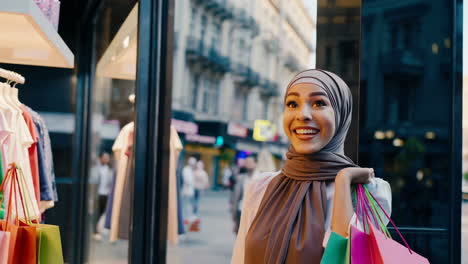 happy woman in hijab shopping and looking at store window