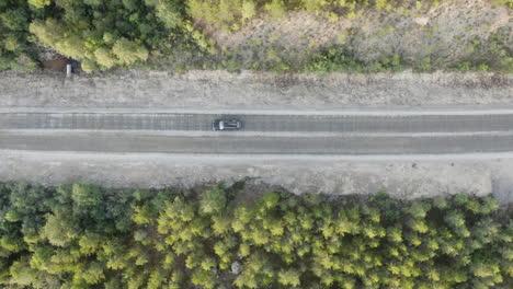 vista superior aérea de 4k sobre un automóvil que conduce por un camino forestal de tierra con árboles verdes de bosques densos que crecen a ambos lados