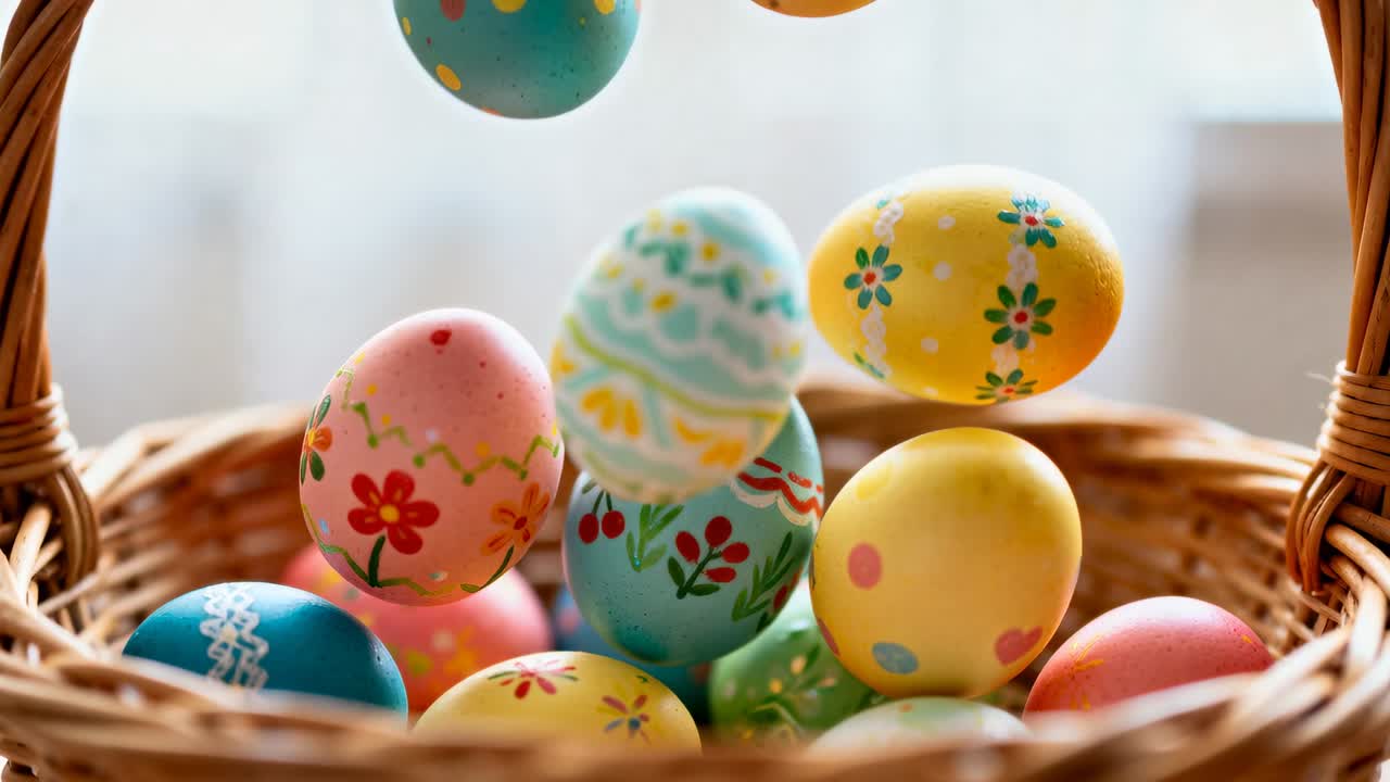 Gravity pulling pastel painted eggs into wicker basket on table, colliding and settling for Easter