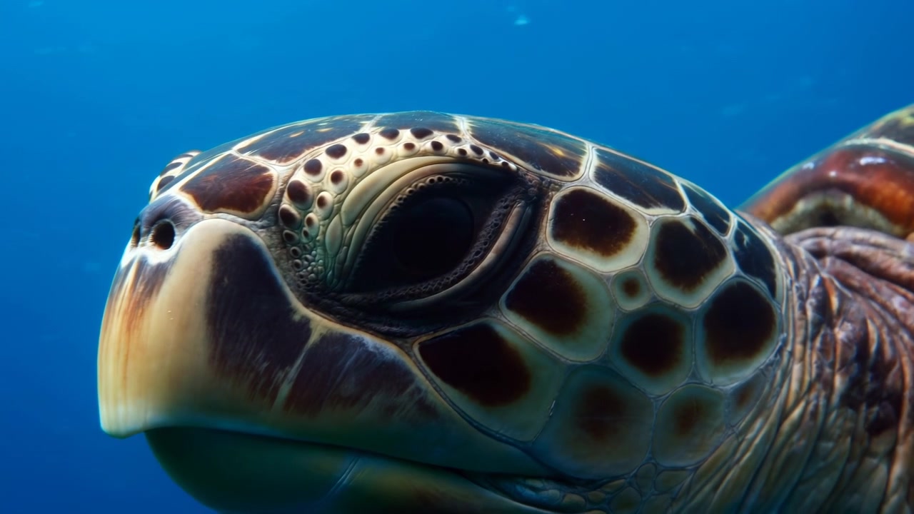 Intimate underwater scene showing green sea turtle head and upper shell angled toward camera, glossy eye open with calm alert expression while gentle hover reveals textured scutes, soft light, and