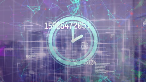 animación de reloj de neón y números cambiantes a través de redes de plexo y senderos de luz