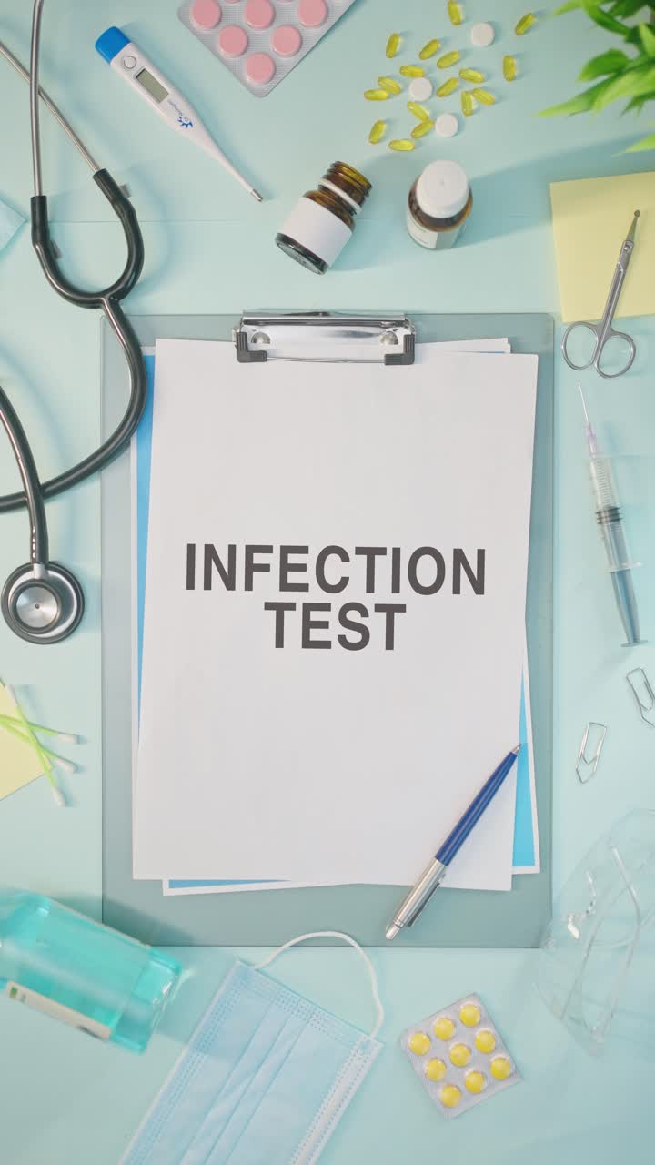 VERTICAL VIDEO OF INFECTION TEST WRITTEN ON MEDICAL PAPER