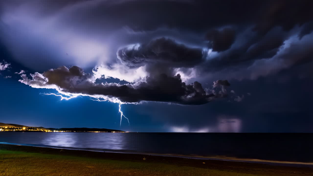 Dramatic Lightning Storm Over the Sea at Night