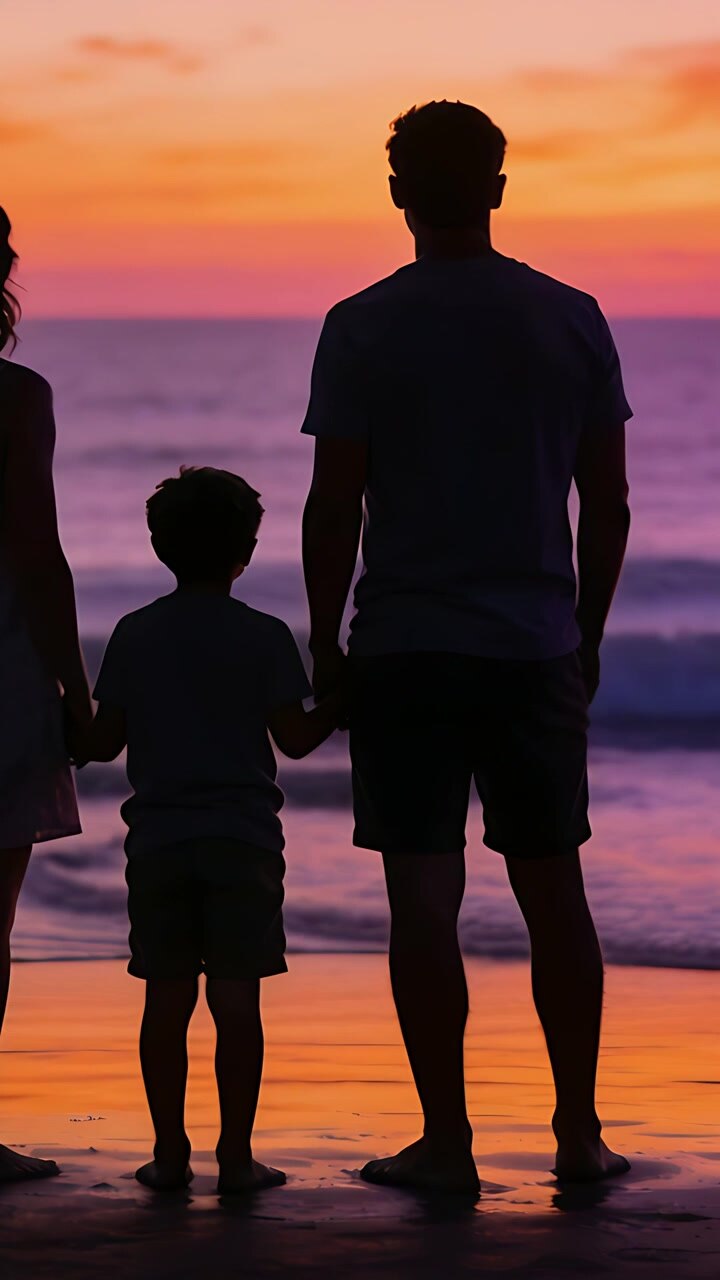 Video verticale: Famiglia in piedi che si tiene per mano di fronte all'oceano, con lo sguardo rivolto al tramonto, indossando pantaloncini.