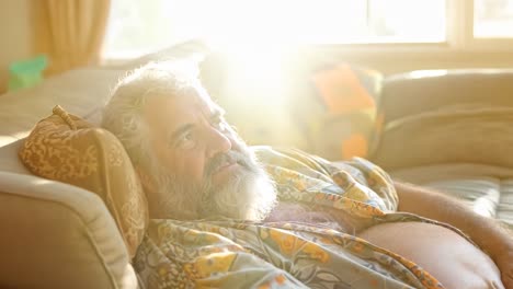 a man with a white beard laying on a couch