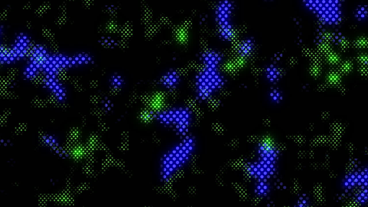 Punti digitali neon blu e verdi in movimento