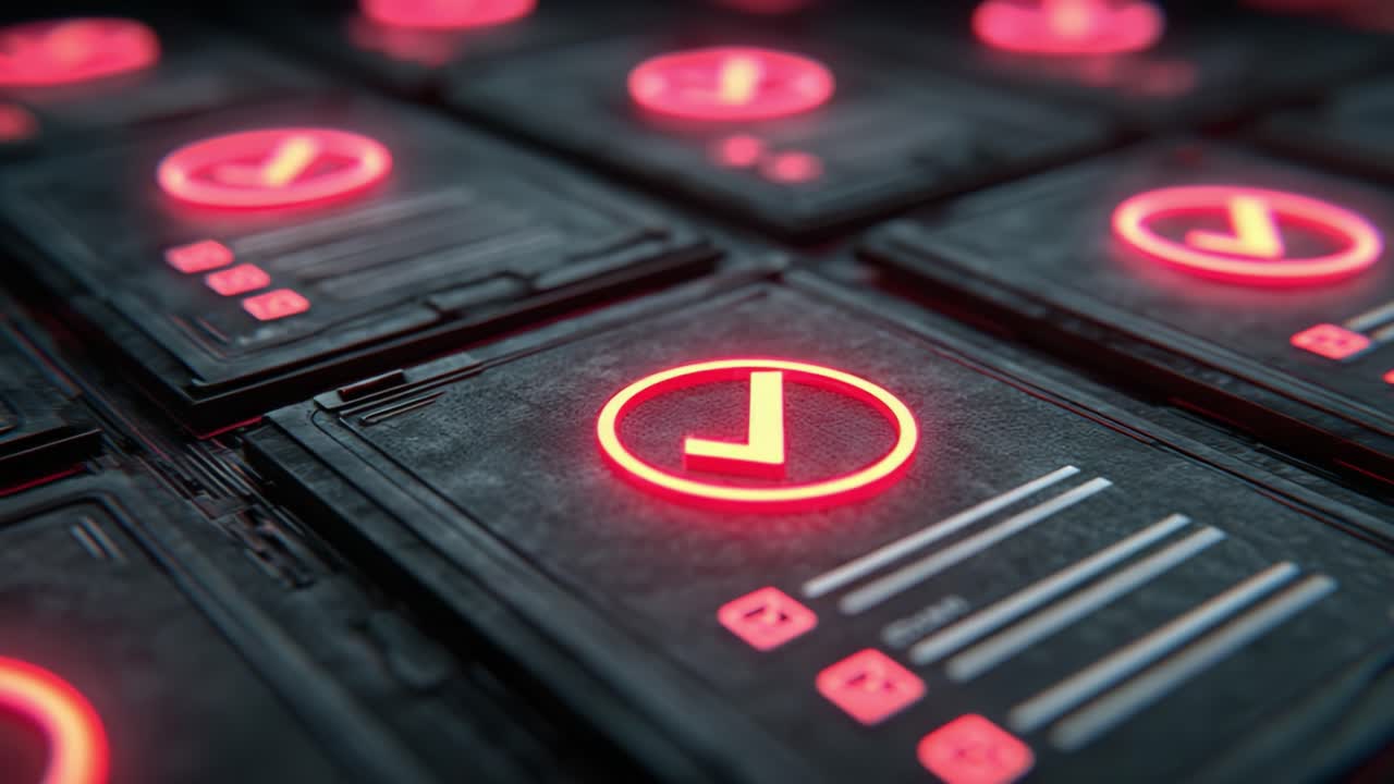A Close-Up Perspective of Stylized Digital Cards Featuring Vibrant Red Checkmarks, Emphasizing Confirmation and Completion in Futuristic Design Elements